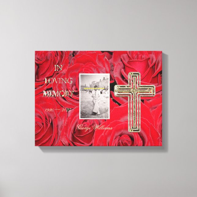 In Loving Memory Red Roses Golden Cross Photo Canvas Print (Front)