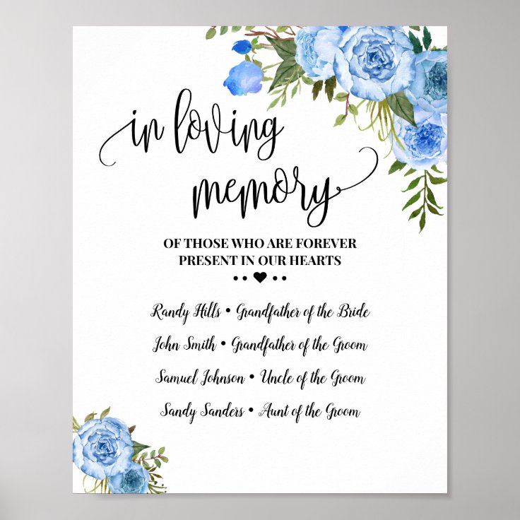 In Loving Memory Remembrance Blue floral Wedding Poster | Zazzle