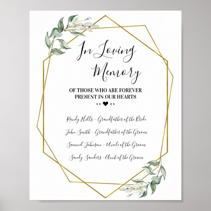 In loving memory remembrance greenery gold wedding poster | Zazzle