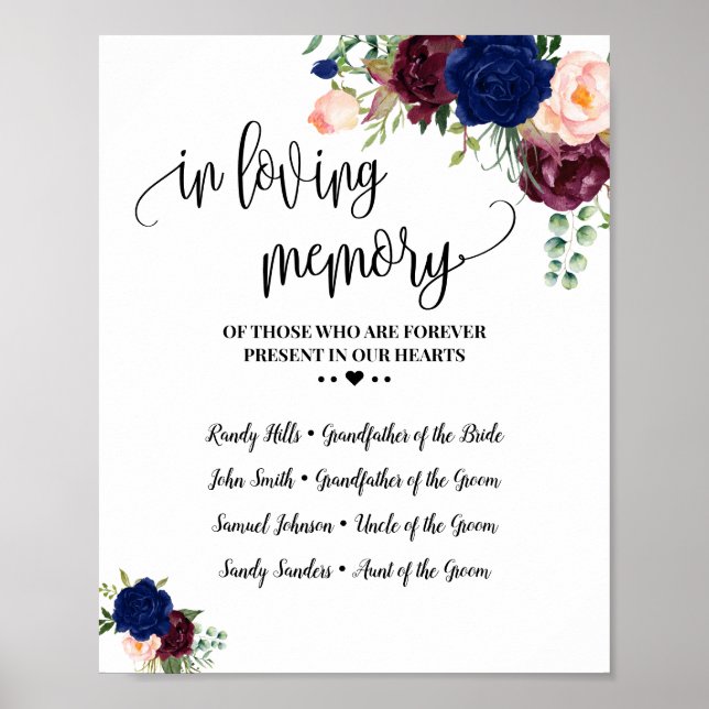 In loving memory remembrance navy burgundy wedding poster (Front)