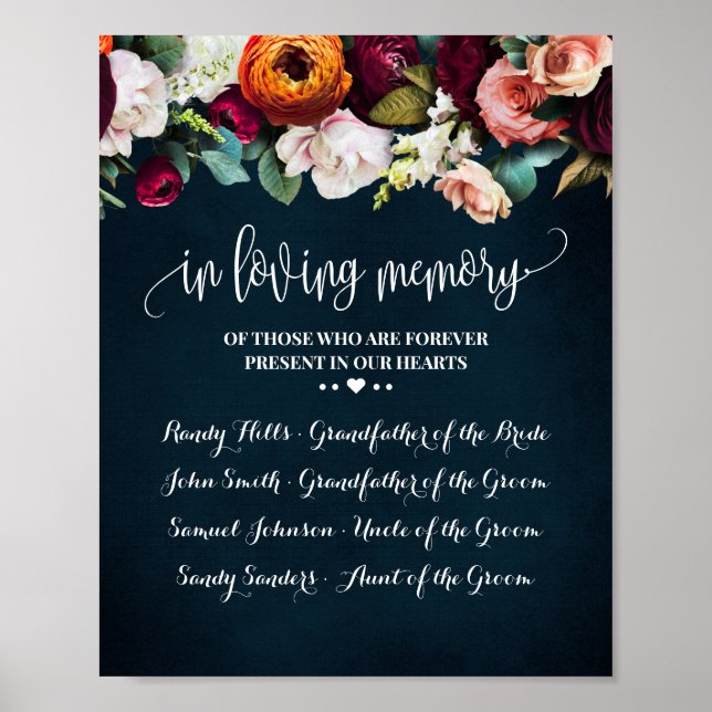 In loving Memory Remembrance Wine Navy Wedding Poster (Front)