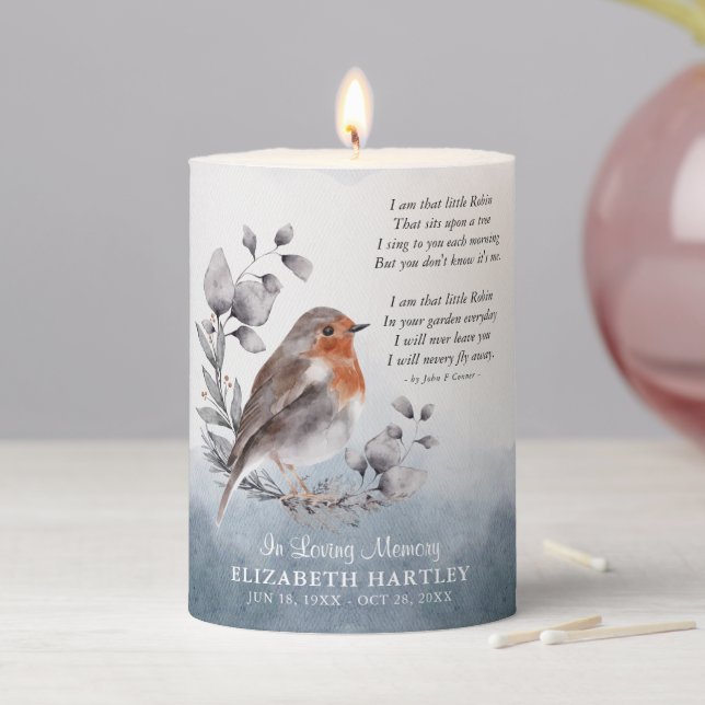 'In Loving Memory' Robin Remembrance Personalized  Pillar Candle (In Situ)