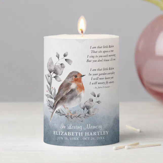 'In Loving Memory' Robin Remembrance Personalized Pillar Candle | Zazzle
