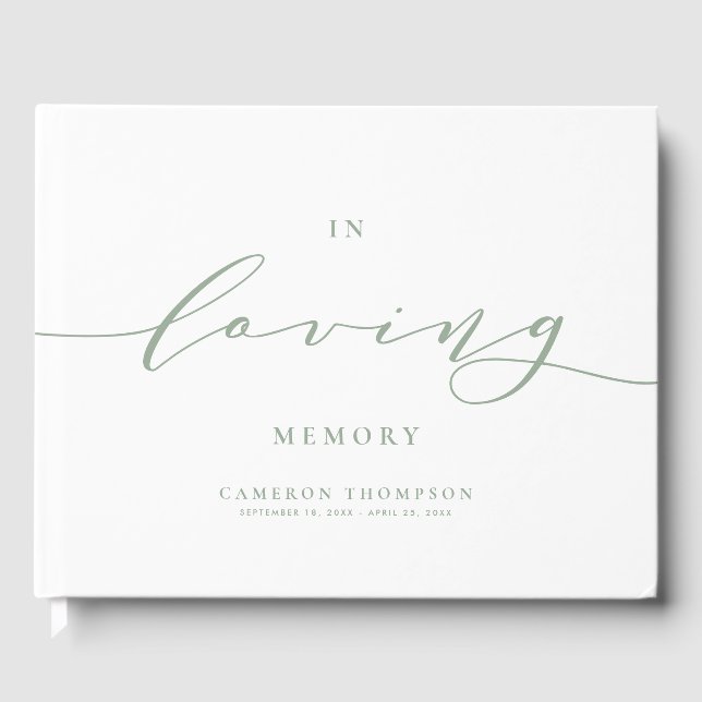 In Loving Memory Sage Green Dainty Script Funeral Guest Book (Front)