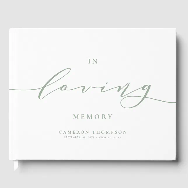 In Loving Memory Sage Green Dainty Script Funeral Guest Book | Zazzle