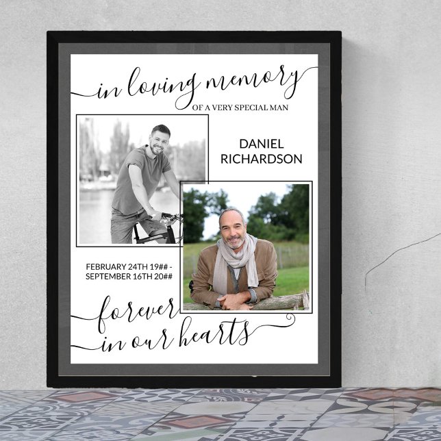 In Loving Memory Script 2 Photo Funeral Poster (Funeral memorial poster to order professionally printed or as a printable digital download)