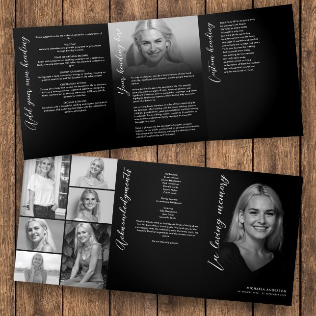 In Loving Memory Script Photo Collage Funeral Tri-Fold Program (Creator Uploaded)