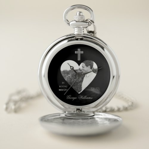 In Loving Memory Silver Cross Heart Shape Photo Pocket Watch