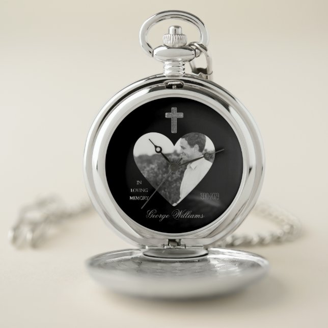 In Loving Memory Silver Cross Heart Shape Photo Pocket Watch (Inside)