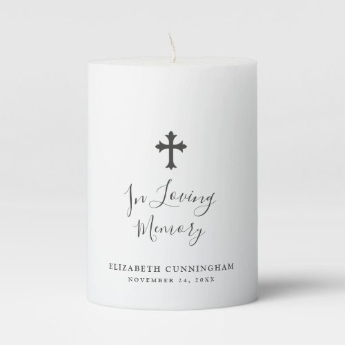 In Loving Memory Simple Cross Classic Calligraphy Pillar Candle