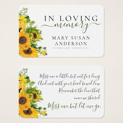 In Loving Memory Sunflower Remembrance Card