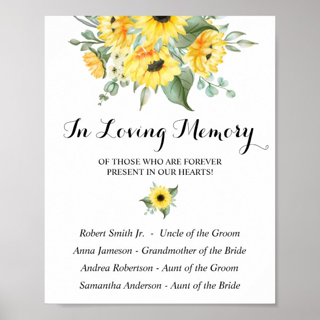 In Loving Memory Sunflowers Greenery Wedding Sign (Front)