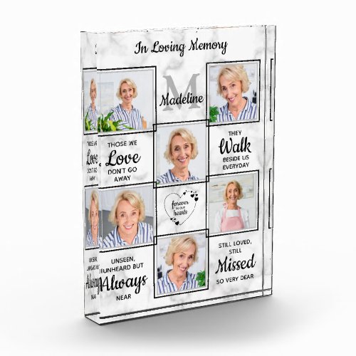 In Loving Memory Sympathy Keepsake Memorial Photo Block - Honor your loved one with a unique personalized memorial photo block in a modern white marble design.  This in loving memory photo collage plaque is the perfect gift for yourself, family or friends to honor those loved . 
Quote " Those we love don't go away, they walk beside us everyday, unseen unheard, but always near. still loved still missed, and very dear. " 
See 'personalize this template' to change photos, monogram initial, and name .COPYRIGHT © 2020 Judy Burrows, Black Dog Art - All Rights Reserved. In Loving Memory Sympathy Keepsake Memorial Photo Block