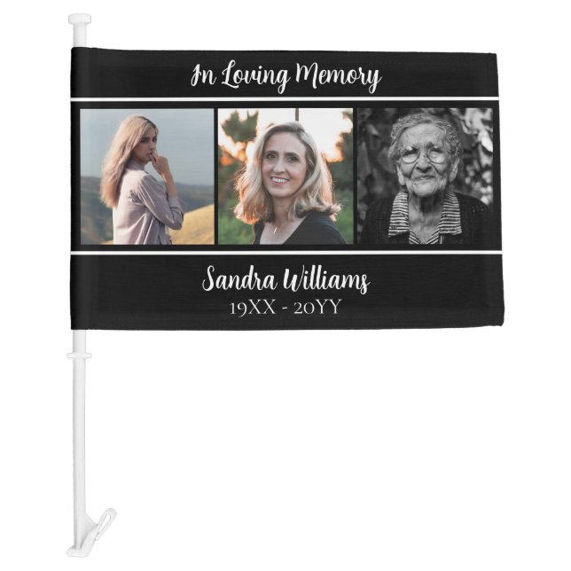 In Loving Memory Three Photo Memorial Funeral Car Flag (Front)