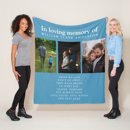 In Loving Memory Three Photo Poem Tribute Blue Fleece Blanket