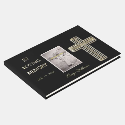 In Loving Memory Typography Golden Cross Elegant Guest Book