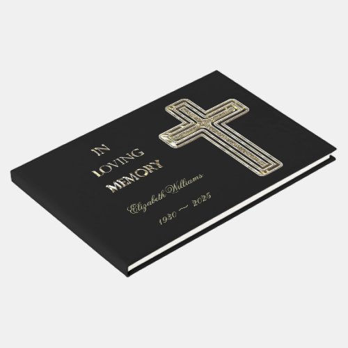 In Loving Memory Typography Golden Cross Elegant Guest Book