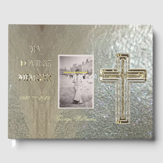 In Loving Memory Typography Golden Cross Elegant Guest Book (Front)