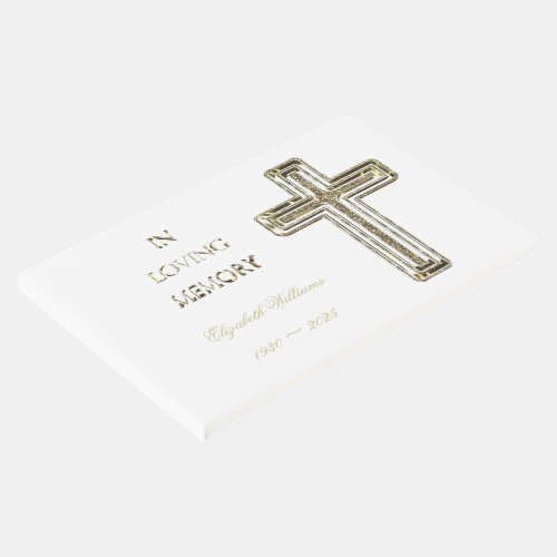 In Loving Memory Typography Golden Cross Elegant Guest Book