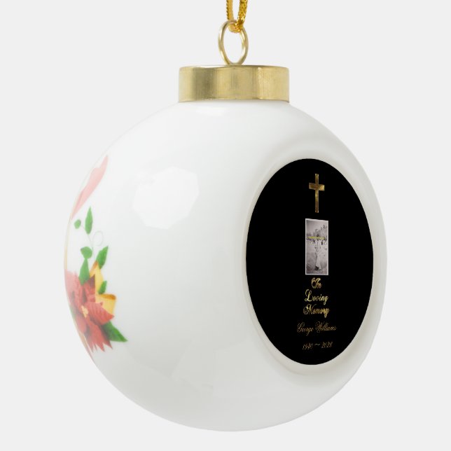 In Loving Memory Typography Golden Cross Photo Ceramic Ball Christmas Ornament (Left)
