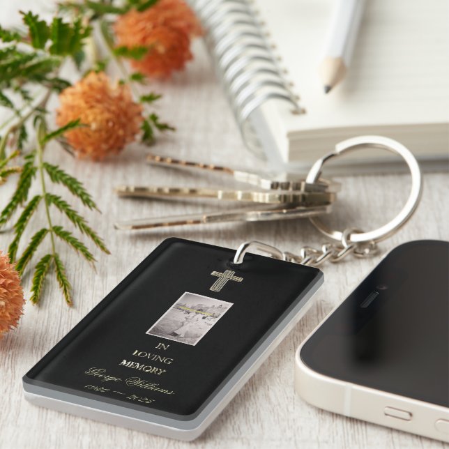 In Loving Memory Typography Golden Cross Photo Keychain (Front Right)