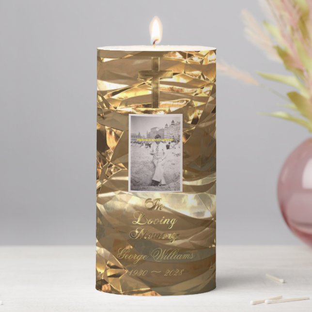 In Loving Memory Typography Golden Cross Photo Pillar Candle (In Situ)