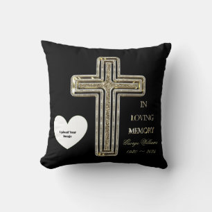 In Loving Memory Typography Golden Cross Photo Throw Pillow