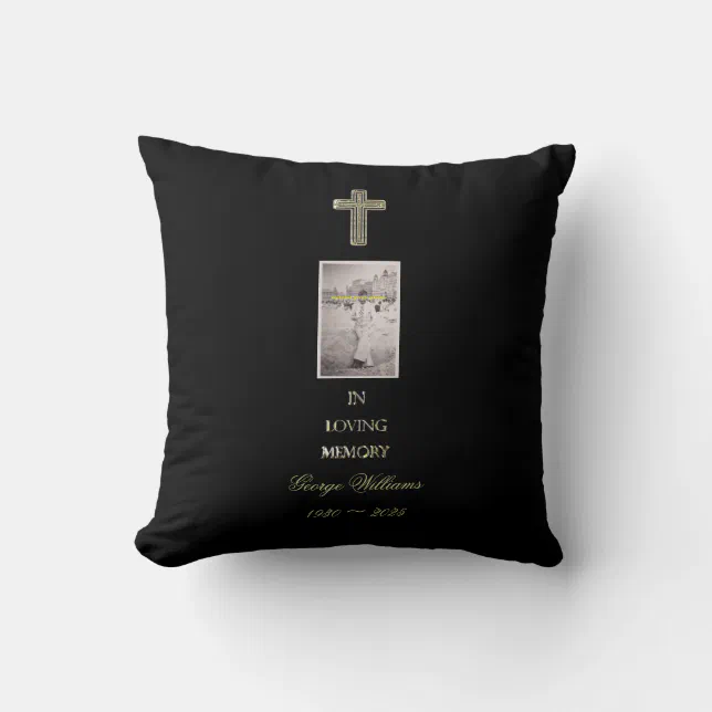 In Loving Memory Typography Golden Cross Photo Throw Pillow | Zazzle