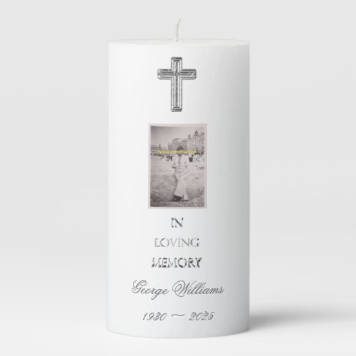 In Loving Memory Typography Silver Cross Add Photo Pillar Candle