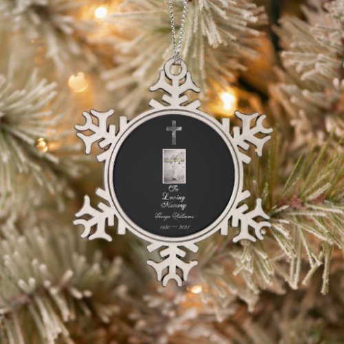 In Loving Memory Typography Silver Gray Cross Snowflake Pewter Christmas Ornament
