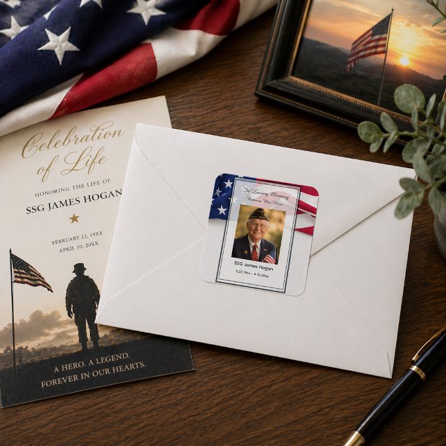 In Loving Memory US Flag Veteran Photo Square Sticker (Creator Uploaded)