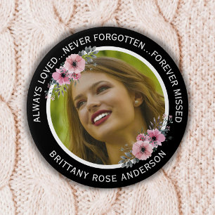 In Loving Memory Watercolor Floral Photo Memorial Button