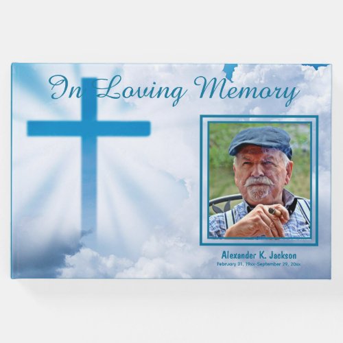 In Loving Memory White Clouds Blue Cross  Funeral Guest Book