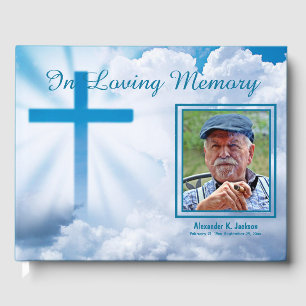 In Loving Memory White Clouds Blue Cross  Funeral Guest Book