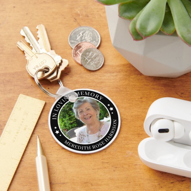 In Loving Memory White Stars Black Photo Memorial Keychain (Desk)