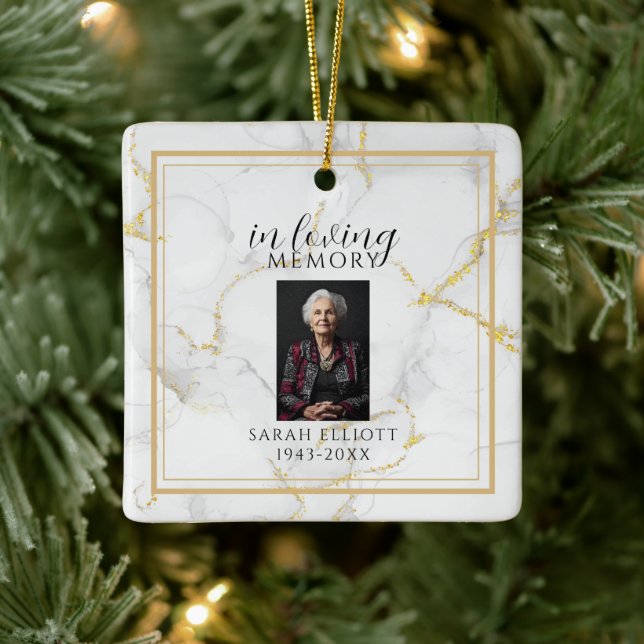 In Loving Memory  with Photo | marble gold Ceramic Ornament (Tree)