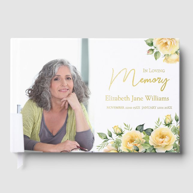 In Loving Memory Yellow Roses 1 Photo  Guest Book (Front)