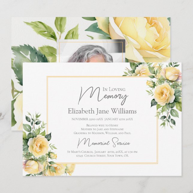 In Loving Memory Yellow Roses 1 Photo  Invitation (Front/Back)