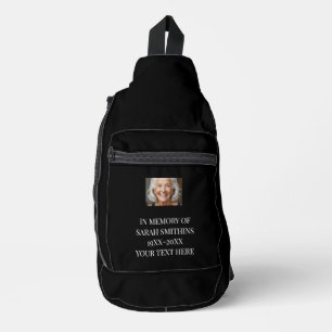 In memory black custom photo text backpack sling bag