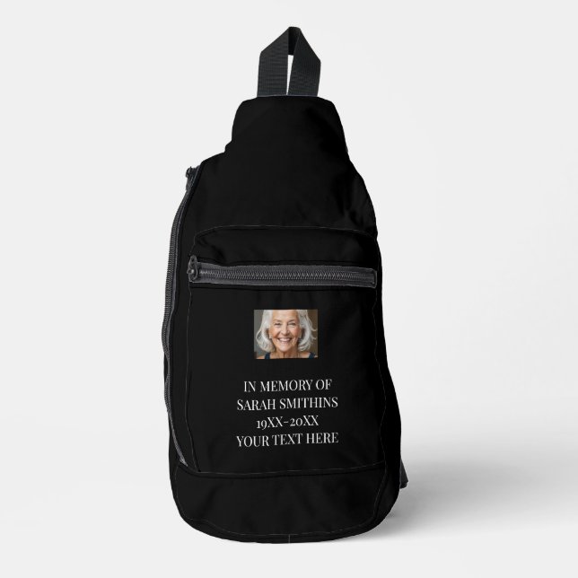 In memory black custom photo text backpack sling bag (Front)
