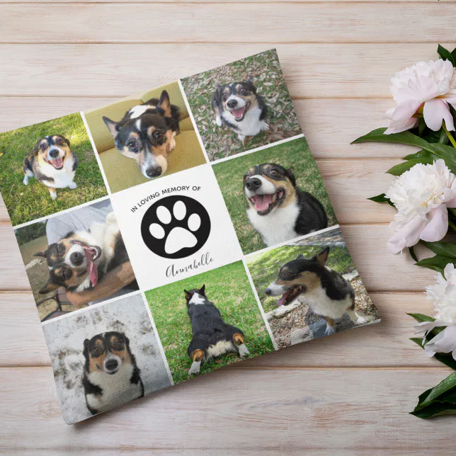 In Memory Dog Photo Pet Collage Paw Print Keepsake Throw Pillow | Zazzle