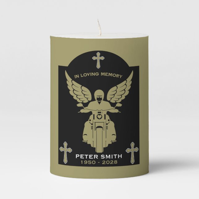 In Memory Motorbike Rider Biker Funeral Pillar Candle (Front)