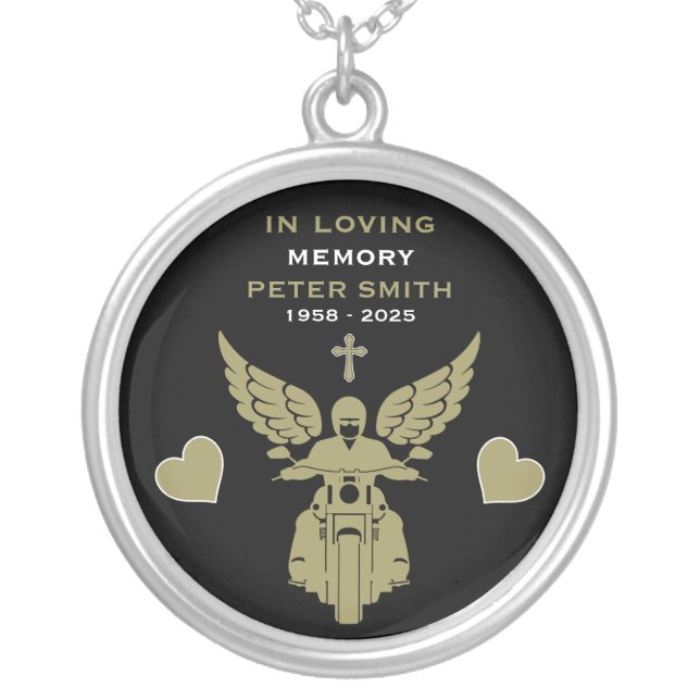 In Memory Motorbike Rider Biker Funeral Silver Plated Necklace (Front)