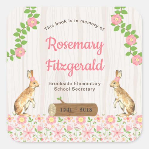 In memory of book plate floral rabbits square sticker