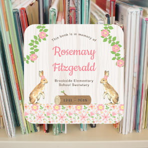 In memory of book plate, floral rabbits square sticker