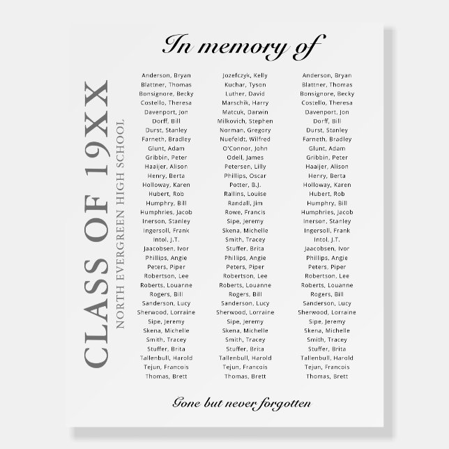 In Memory Of Class Reunion Room For 102 Names Foam Board (Front)