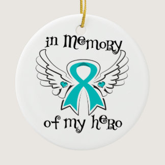 In Memory of My Hero Angel Wings Ovarian Cancer Ceramic Ornament