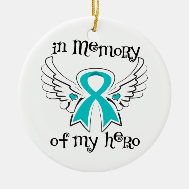 In Memory of My Hero Angel Wings Ovarian Cancer Ceramic Ornament (Front)