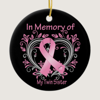 In Memory of My Twin Sister Breast Cancer Heart Ceramic Ornament