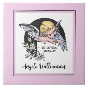 In Memory Vintage Angel Pink Remembrance Ceramic Tile
